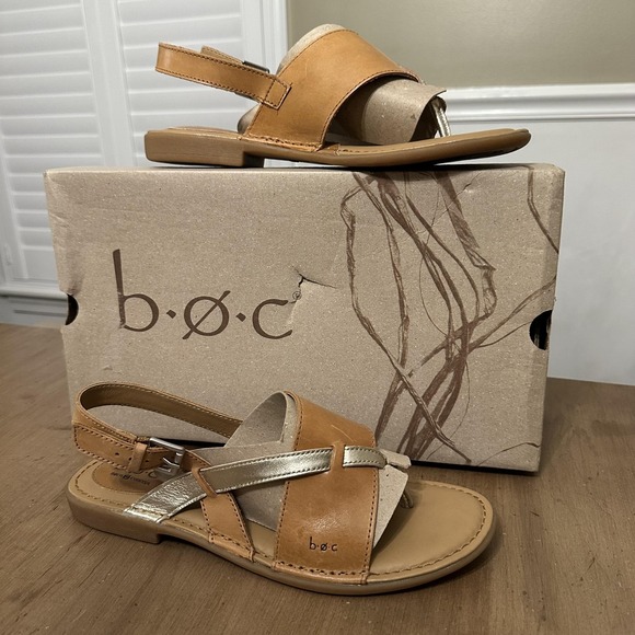 b.o.c Sandals Womens Size 10 Natural Gold Lowery Slingback Thong Strappy Flat - Picture 1 of 8